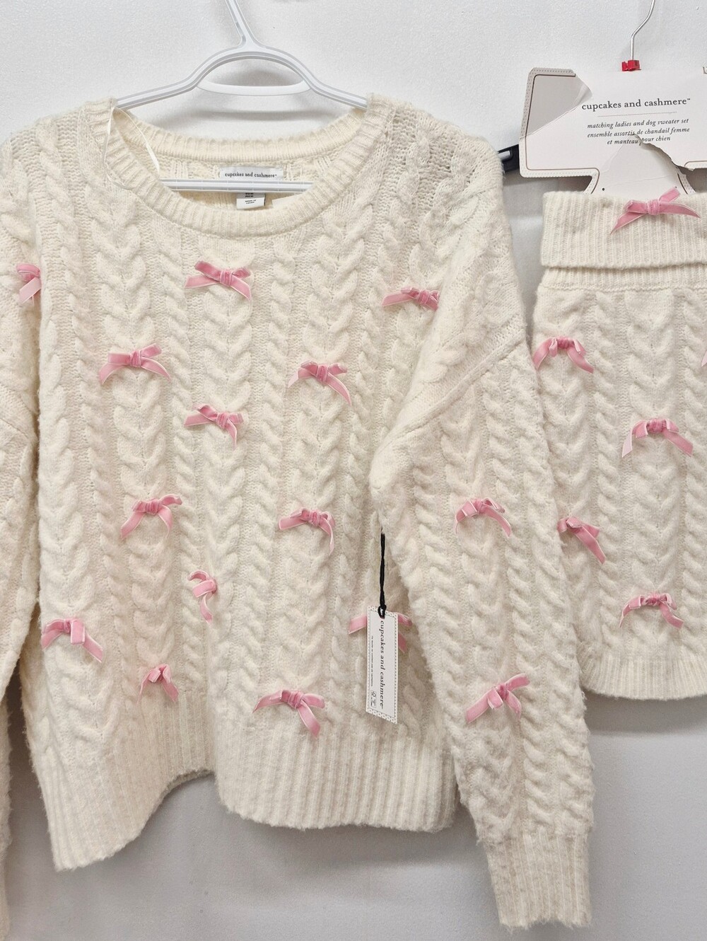 Cupcakes and Cashmere Ivory Pink Bow Sweater Matching Dog Cat Sweater Set M NWT - Picture 2 of 9